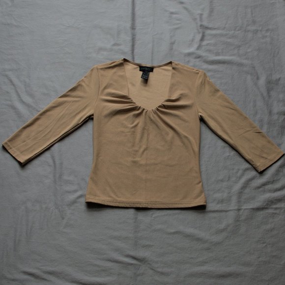 tan three-quarter sleeve stretchy top with ruched neckline - S - Picture 1 of 6